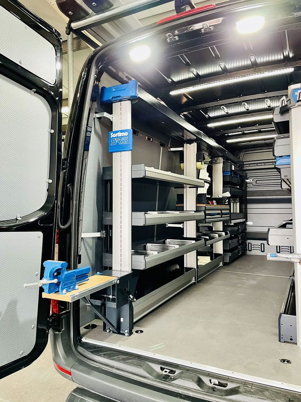 Fabricators Van Racking - Sortimo SR5 - Mercedes sprinter - Fold Down Vice - SYNC VEHICLE SYSTEMS Fabricators Van Racking - Sortimo SR5 - Mercedes sprinter - Fold Down Vice